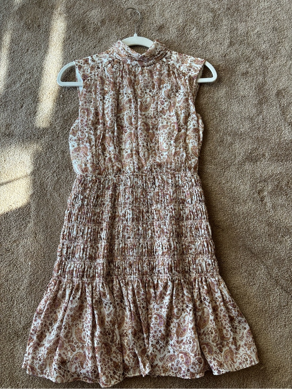 Sleeveless High-Neck Paisley Midi Dress in Cream brown and pink